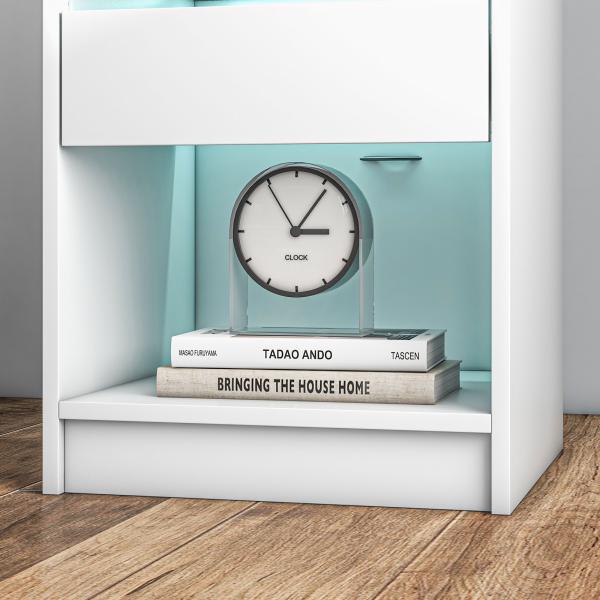 Mesa de Cabeceira com Luzes LED Gaveta Prateleira Estação de Carregamento Entrada USB e Controlo Remoto 40x40x58 cm Branco
