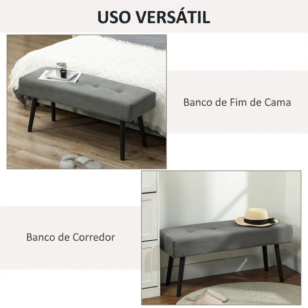 Banco de Pé de Cama Estofado em Bombazina com Assento Acolchoado, Design Capitoné e Pés de Aço para Quarto, Cinzento