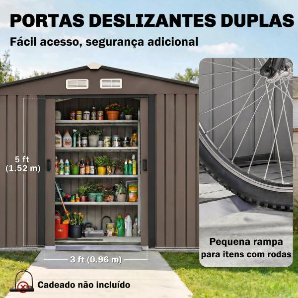 Abrigo de Jardim 277x195x192 cm Metálico para Armazenamento de Ferramentas com Base de Reforço Incluída Madeira