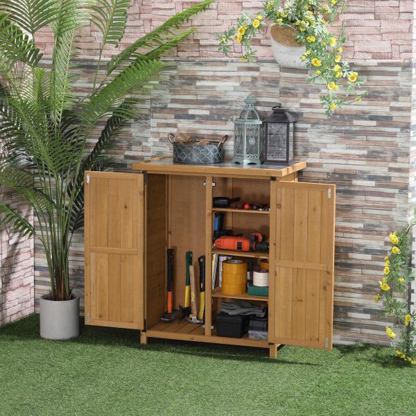 Abrigo de Jardim em Madeira, 75x40x90 cm Armazenamento de Ferramentas, com 4 Prateleiras 2 Portas e Telhado de Aço Galvanizado Madeira