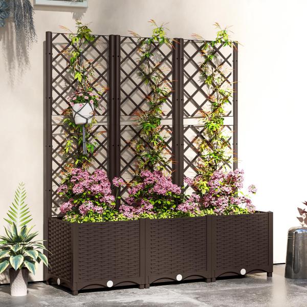Floreira com Treliça de PP com Drenagem e Amplo Espaço para Plantas Trepadoras Vaso com Suporte para Jardim 120x40x135 cm Marrom