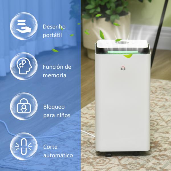Desumidificador Elétrico 10L/dia Depósito 2,5L Silencioso com 5 Modos 2 Velocidades Ecrã LED e Temporizador 25x25x50,5 cm Branco