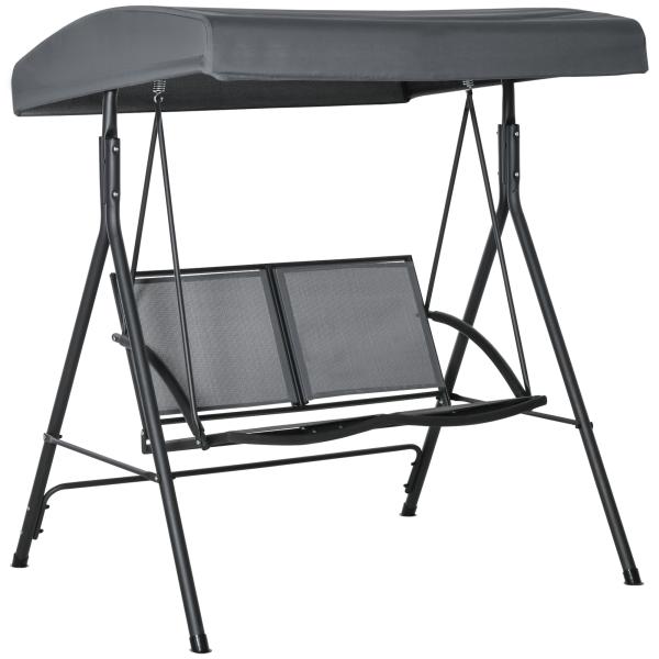 Baloiço de Jardim Exterior para 2 Pessoas Toldo Ajustável Estrutura em Aço Assentos de Textilene 140x118x162 cm Cinzento Escuro
