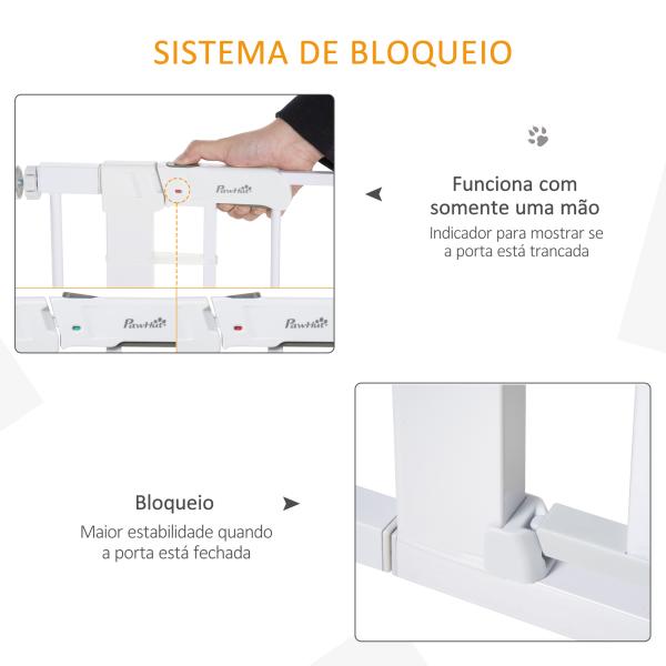 Barreira de Segurança para Cães Animais de Estimação 75 - 96cm para Escadas Portas e Corredores com Fechamento Automático Altura 76cm Branco