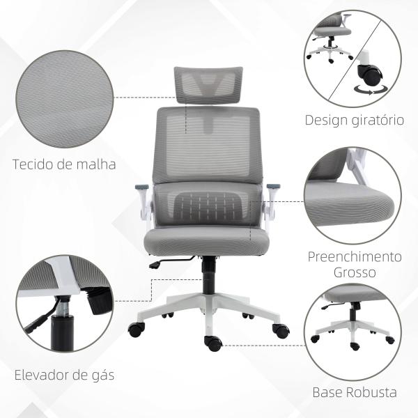 Cadeira de Escritório de Malha Cadeira de Escritório Giratória com Altura e Apoio para a Cabeça Ajustáveis 58x61x102 - 119 cm Cinza