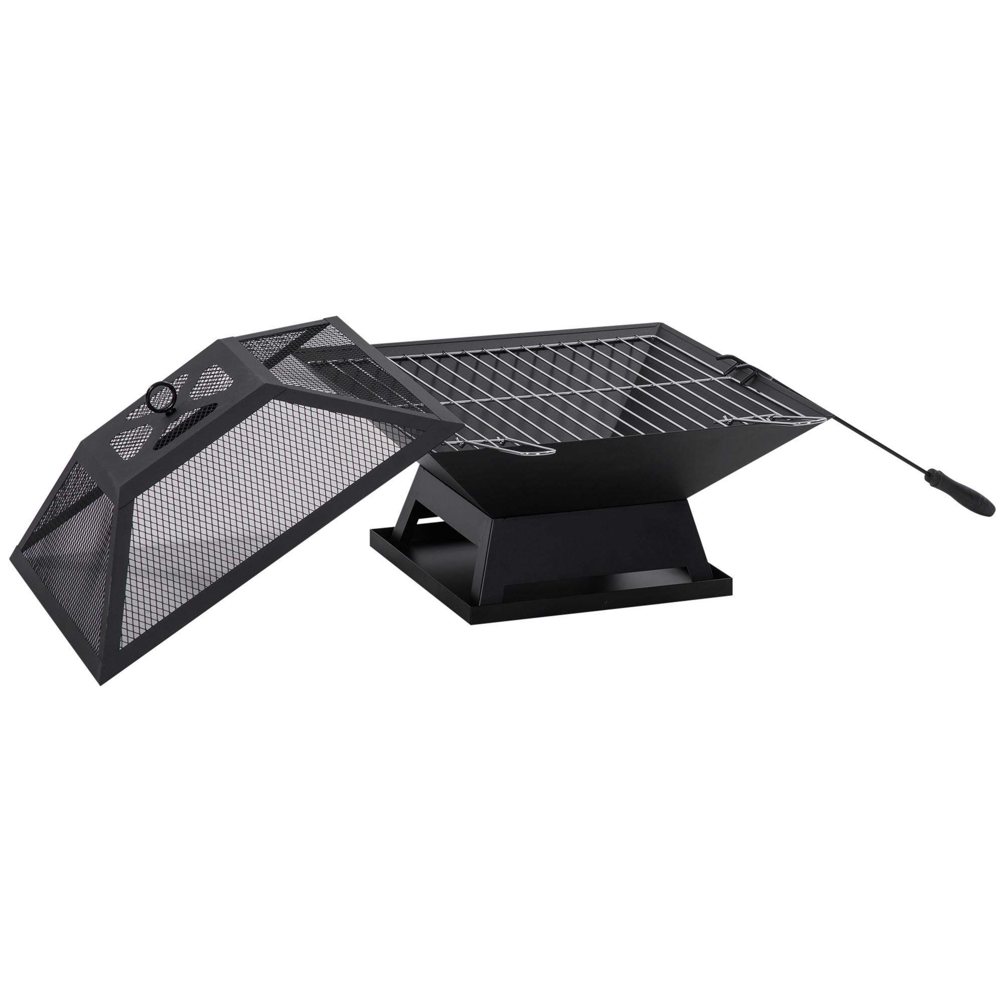 Braseiro Exterior de Aço Multifuncional com Tampa Protetora e Atiçador para Churrascos Fogueiras 45x45x34 cm Preto