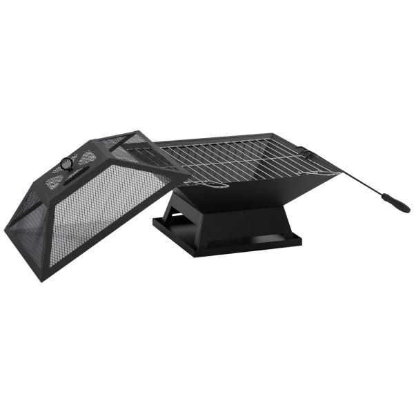 Braseiro Exterior de Aço Multifuncional com Tampa Protetora e Atiçador para Churrascos Fogueiras 45x45x34 cm Preto