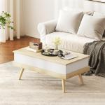 Mesa de Centro Elevatória com 3 Compartimentos de Armazenamento Ocultos e Pés de Madeira 100x79x54 cm Madeira e Branco