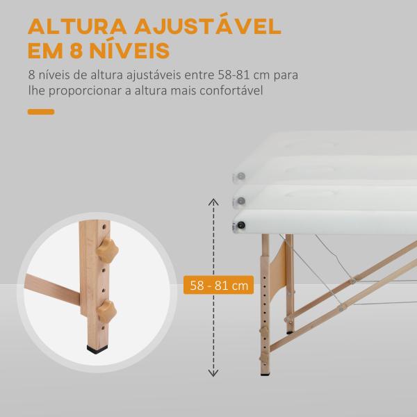 Marquesa de Massagem Dobrável com Estrutura em Madeira, Altura Ajustável e Bolsa de Transporte, 186x60x61 - 87 cm, Creme