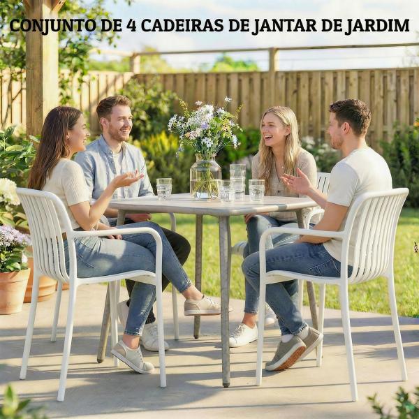 Conjunto de 4 Cadeiras de Jardim Exterior Empilháveis de PP com Encosto Curvado Assento com Ripas 55x58,5x81,5 cm Branco