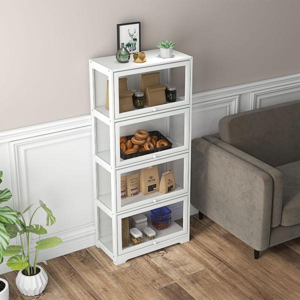 Vitrine Branco de 4 Níveis para Sala de Estar Anti - Tombo 59x30x139 cm com Portas Abatíveis de Acrílico Colecionador