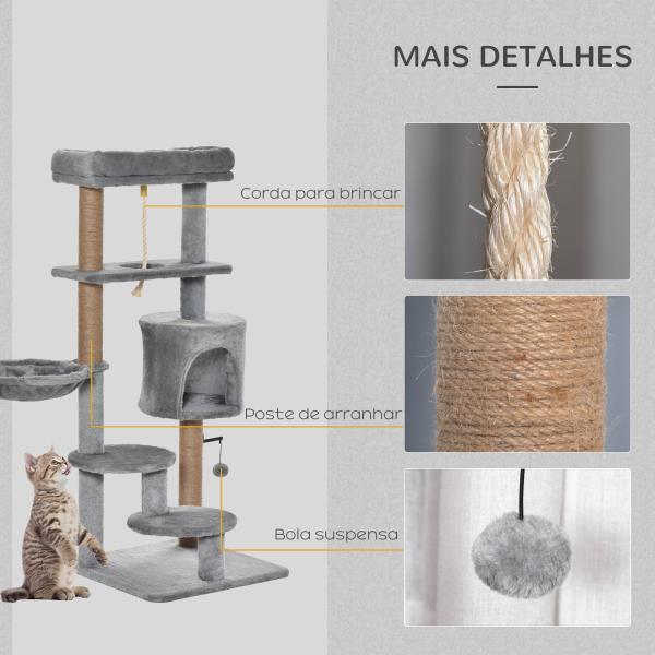 Árvore Arranhador para Gatos com Plataforma Caverna Rede postes de Juta Corda e Bola Suspensa 48x48x120 cm Cinza