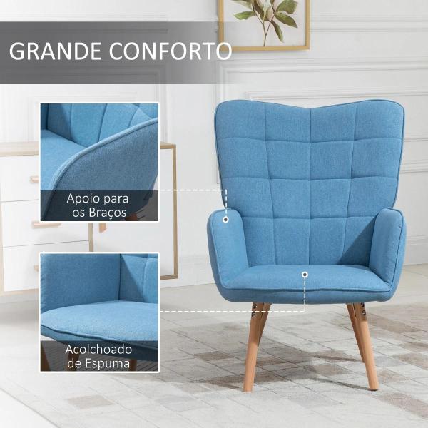 Poltrona de Sala de Estar Moderna Poltrona com Encosto Alto Apoio para os Braços Tecido de Linho e Pés de Madeira de Faia para Sala de Jantar Cozinha 71x76x101cm Azul