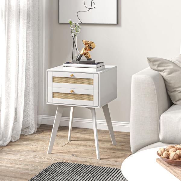 Mesa de Cabeceira Branca Estilo Boho com 2 Gavetas e Decoração de Vime para Quarto Sala de Estar 40x40x60 cm