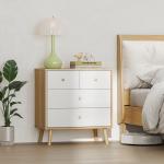 Cômoda de 4 Gavetas com Puxadores de Madeira Cómoda Estreita para Sala Corredor 60x35x65 cm Madeira e Branco