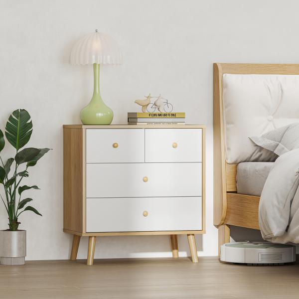 Cômoda de 4 Gavetas com Puxadores de Madeira Cómoda Estreita para Sala Corredor 60x35x65 cm Madeira e Branco