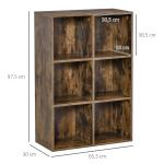 Estante de 3 Níveis Prateleira para Livros com 6 Cubos de Arrumação para Escritório 65,5x30x97,5 cm Castanho Rústico