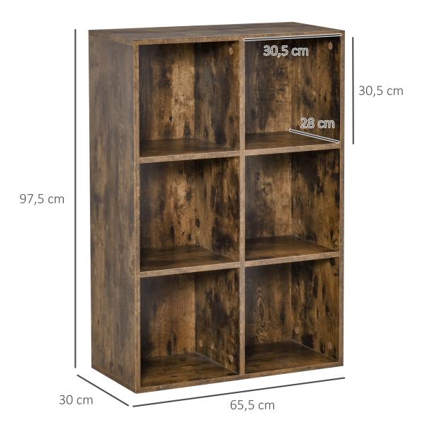 Estante de 3 Níveis Prateleira para Livros com 6 Cubos de Arrumação para Escritório 65,5x30x97,5 cm Castanho Rústico