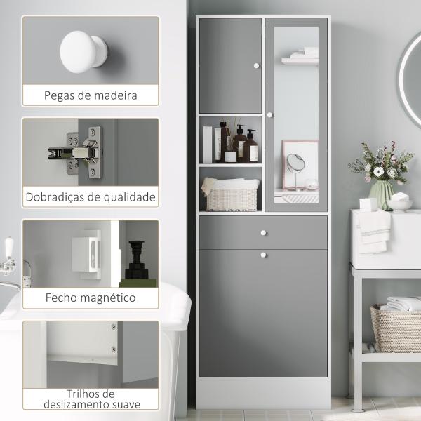 Armário de Casa de Banho com Cesto para Roupa Suja Espelho Gaveta e Prateleiras Ajustáveis 62x28,3x181 cm Branco e Cinza
