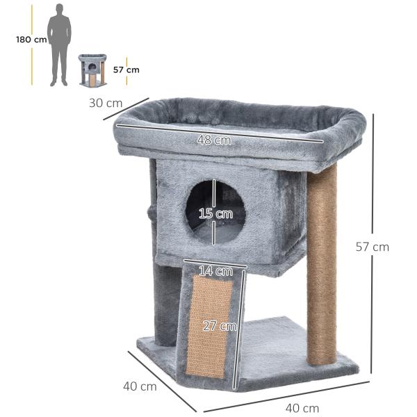 Arranhador para Gatos Pequenos Arranhador para Gatos com Poste de Juta Rampa Caverna e Bola Suspensa 40x40x57 cm Cinza