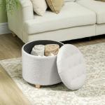 Puff de Armazenamento Banco de Armazenamento Redondo 40,5L 45x45x41 cm Estofado em Borreguito Banco Apoia - Pés Branco