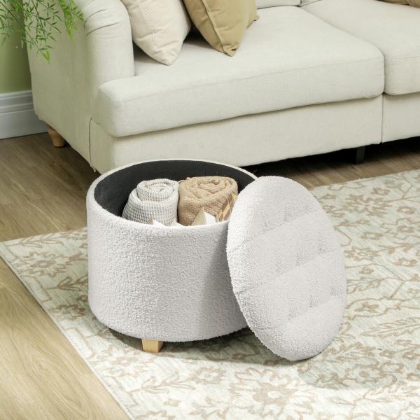 Puff de Armazenamento Banco de Armazenamento Redondo 40,5L 45x45x41 cm Estofado em Borreguito Banco Apoia - Pés Branco