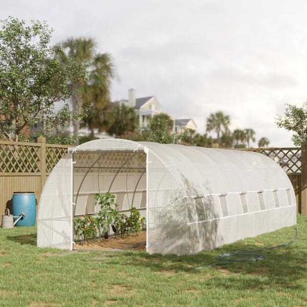 Estufa Tipo Túnel 800x300x200cm com 12 Janelas e Porta Enrolável Cobertura de PE 140g/m² e Aço para Cultivo de Plantas Verduras Branco