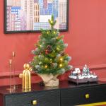 Árvore de Natal de Mesa 60 cm com 20 Luzes LED 141 Ramos 5 Pinhas 5 Cachos de Bagas Vermelhas e Suporte de Metal Verde