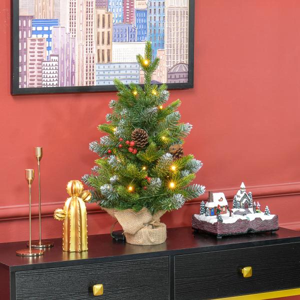 Árvore de Natal de Mesa 60 cm com 20 Luzes LED 141 Ramos 5 Pinhas 5 Cachos de Bagas Vermelhas e Suporte de Metal Verde