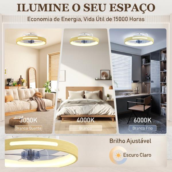 Ventilador de Teto com Luz LED 40 W Motor DC Reversível Comando 6 Velocidades 3 Cores Temporizador Madeira