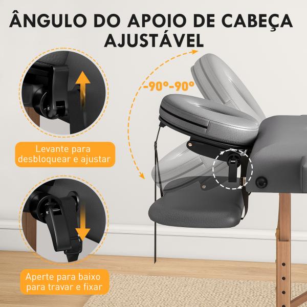 Marquesa de Massagem Dobrável Portátil com Altura Ajustável Apoio de Cabeça Apoios de Braço Acolchoados 215x60x64 - 89 cm Cinza