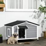 Casa para Cães de Madeira Casa para Animais de Estimação com Teto Asfáltico 2 Janelas Porta com Cortina 97x72x65 cm Cinza