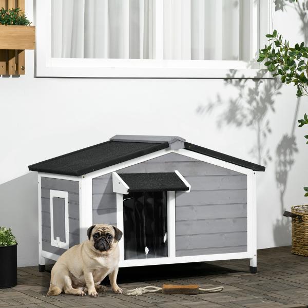 Casa para Cães de Madeira Casa para Animais de Estimação com Teto Asfáltico 2 Janelas Porta com Cortina 97x72x65 cm Cinza