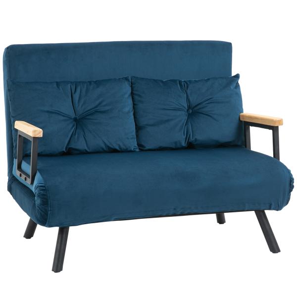 Sofá Cama Sofá Convertível em Cama de 2 Lugares Dobrável com Encosto Ajustável em 5 Níveis e 2 Almofadas 102x73x81 cm Azul