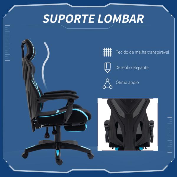 Cadeira de Gaming com Apoio para os Pés Retrátil Cadeira de Escritório Reclinável com Apoio para a Cabeça e Altura Ajustável 65x65x119 - 129cm Preto e Azul