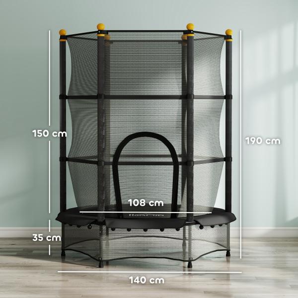 Trampolim para Crianças com Rede de Segurança e Estrutura de Aço para Interiores e Exteriores Carga 50kg Ø140x190 cm Preto