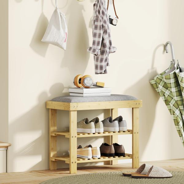 Banco Sapateira de Bambu Sapateira com Assento Almofadado 2 Prateleiras para 6 Pares de Sapatos 60x29x49 cm Madeira e Cinzento