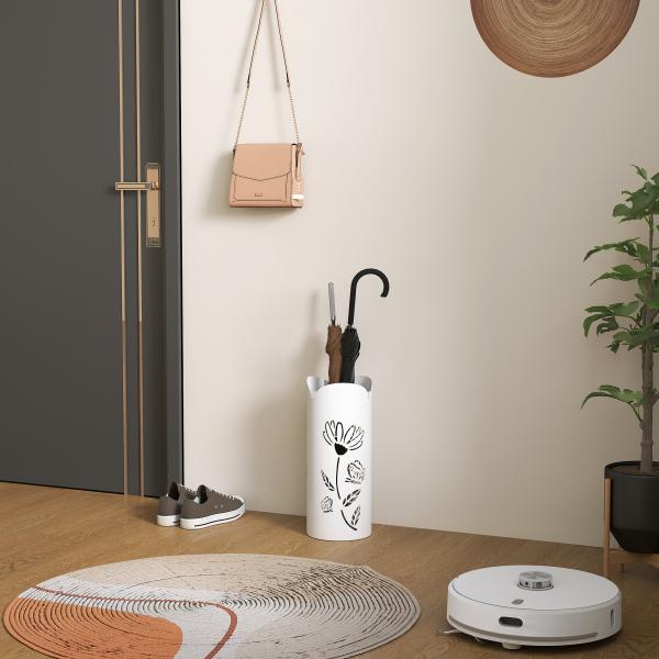 Suporte para Guarda Chuva em Aço com 4 Ganchos Bandeja de Gotejamento Amovível para Entrada ou Escritório Branco 17x17x41 cm
