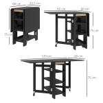 Mesa de Cozinha com Laterais Dobráveis Mesa de Refeição com 2 Rodas e Prateleiras Estilo Moderno 120x60x75 cm Preto