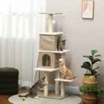 Arranhador para Gatos em Borrego com 2 Cavernas Plataformas Bolas Suspensas e Poste de Sisal 48x40x140 cm Marrom Claro