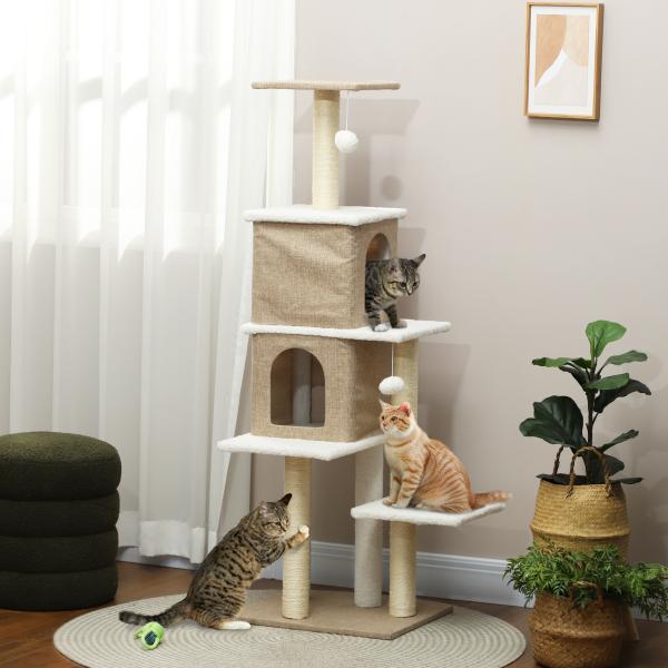 Arranhador para Gatos em Borrego com 2 Cavernas Plataformas Bolas Suspensas e Poste de Sisal 48x40x140 cm Marrom Claro