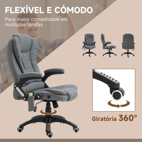 Cadeira de Escritório com 6 Pontos de Massagem Reclinável até 130° com Função de Aquecimento 68x72x110 - 120 cm Cinza