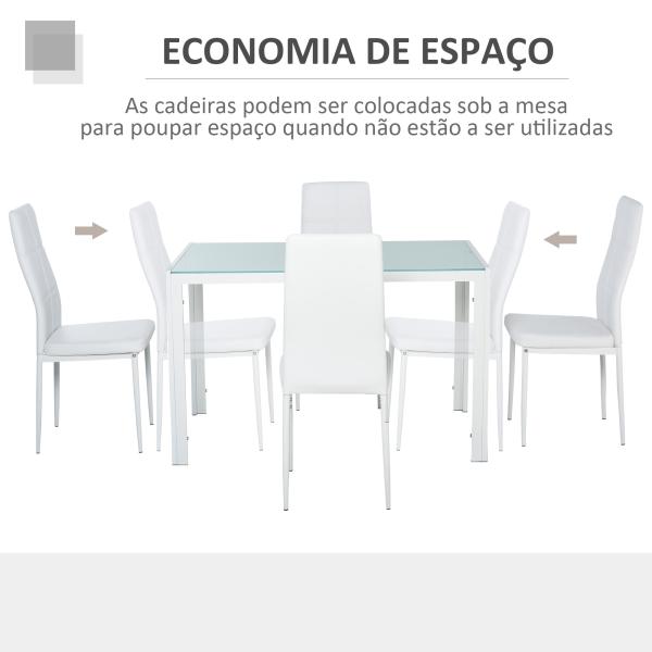 Conjunto de Refeição com Mesa Retangular de Vidro Temperado e 4 Cadeiras Estofadas em PU com Pés de Metal Branco