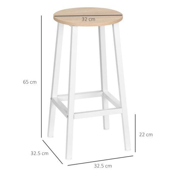 Conjunto de 2 Bancos Altos de Cozinha Bancos de Bar com Pés de Aço e Apoio para os Pés 32,5x32,5x65cm Madeira e Branco