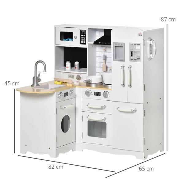 Cozinha Infantil de Madeira para Crianças de 3 - 6 Anos com Sons 14 Acessórios Cozinha Infantil com Telefone Lavatório Microondas e Grifo 82x65x87cm Branco