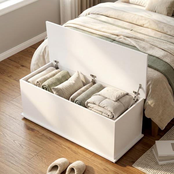 Baú de Armazenamento, Banco de Armazenamento com Dobradiça de Segurança, Estilo Moderno, para Entrada, Quarto, Sala de Estar, 100x40x40 cm, Branco