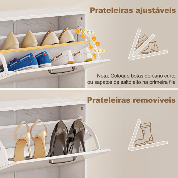 Sapateira Estreita 2 Portas de Alto Brilho com Prateleiras Ajustáveis Design Mármore para 8 Pares de Sapatos 60x24x80 cm Branco