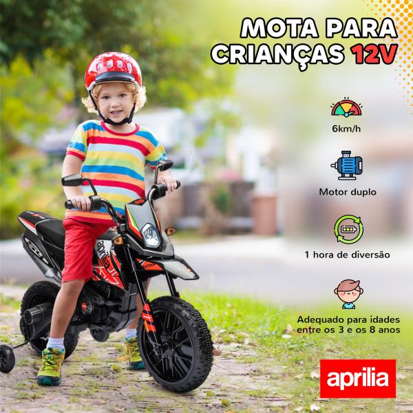 Mota Elétrica Infantil Aprilia 12V Rodas de Apoio Farol Música USB Amortecedor Vermelho 106,5x56x80 cm