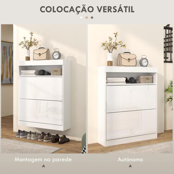 Móvel Sapateira de Entrada com Luzes LED Prateleira Aberta e 2 Gavetas Basculantes para 12 - 16 Pares 80x24x99,5 cm Branco Brilhante