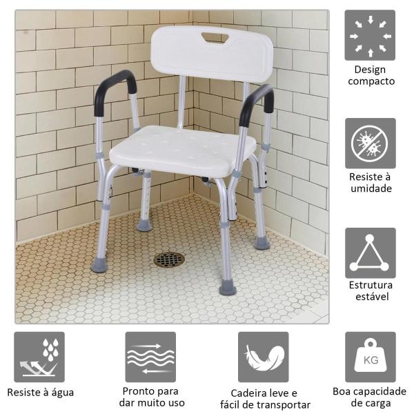 Cadeira para Duche Antiderrapante com Altura Ajustável em 6 Níveis Apoio para os Braços e Encosto 51,5x51,5x71 - 84 cm Branco